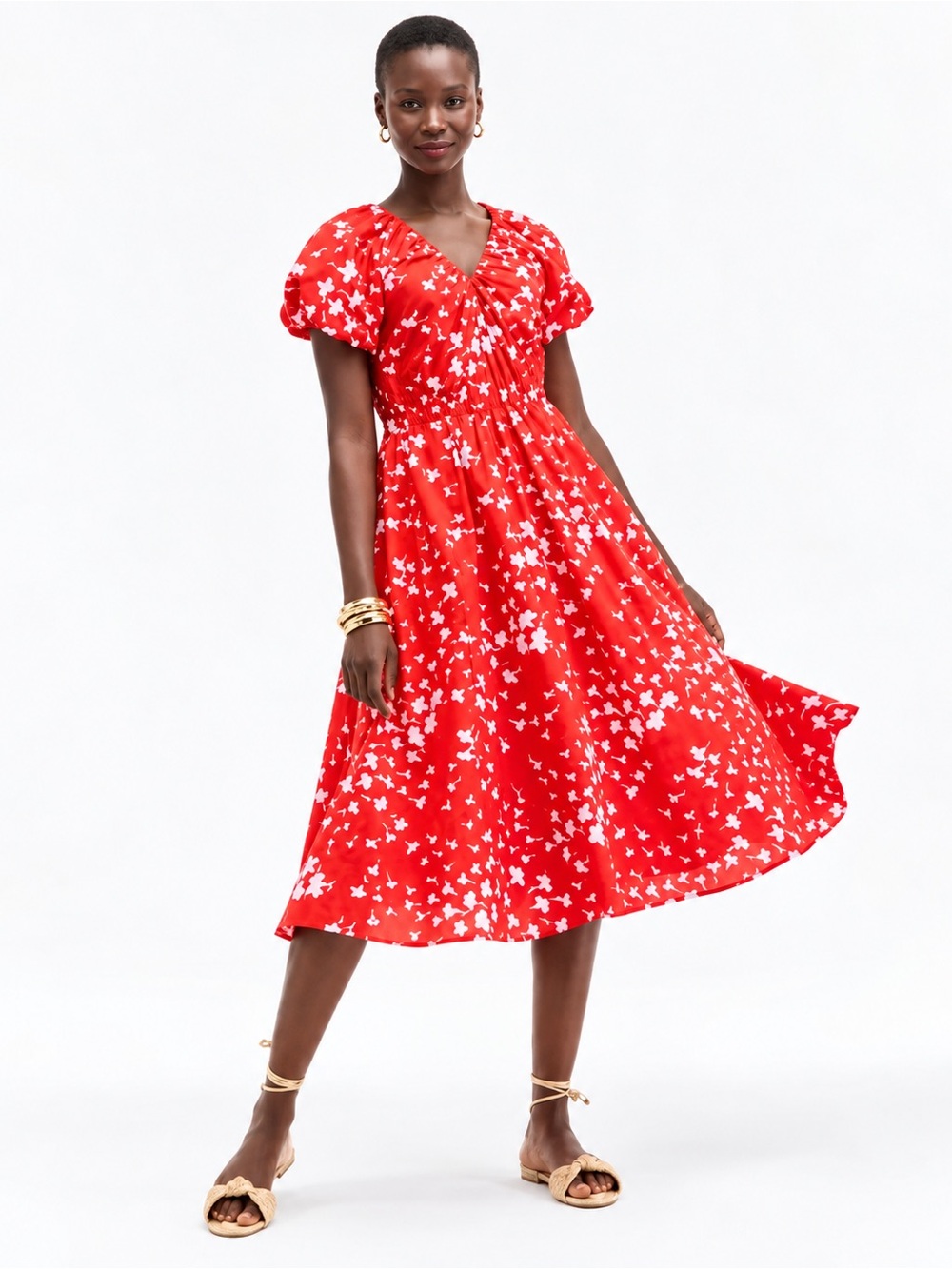 On 34th Puff Sleeve midi dress floral Medium Red NWT!